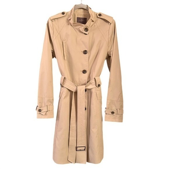 Cole Haan Women Beige Classic Trench Coat High Collar Shoulder Pads Belt Size M - Picture 1 of 16